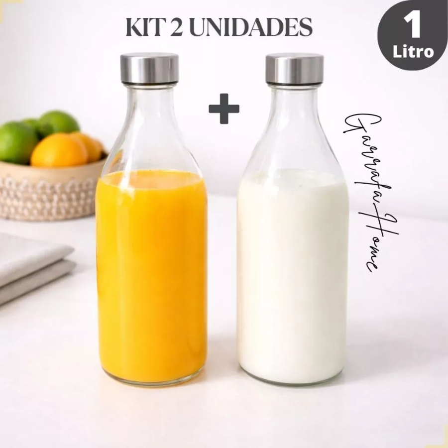 Garrafa de Vidro Premium 1L Transparente com Tampa em Aço Inox Hermética para Água e Sucos