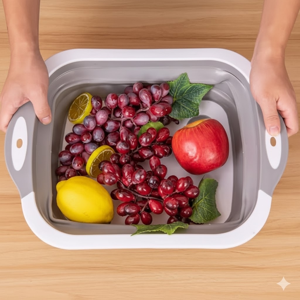 Bacia Silicone Retrátil 3 em 1 Dobrável Multiuso Cozinha  Viagem Lavar Louça Alimentos Compacta