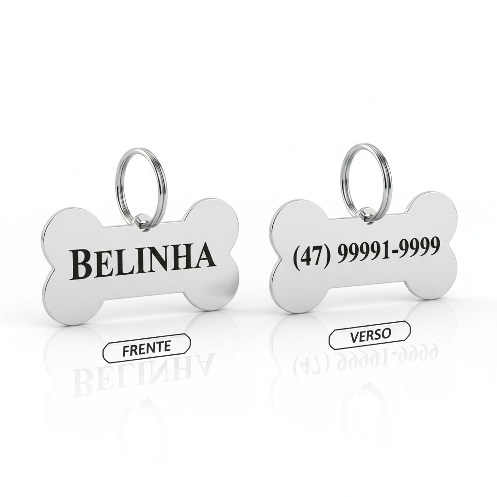 Pingente plaquinha de identificação osso personalizado com nome, telefone ou frase gravada a laser