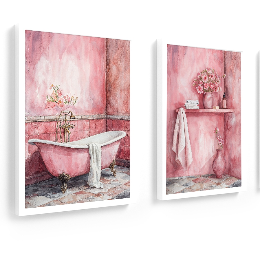 Kit 2 quadros banheiro lavabo, toalete, vintage Antique Pink