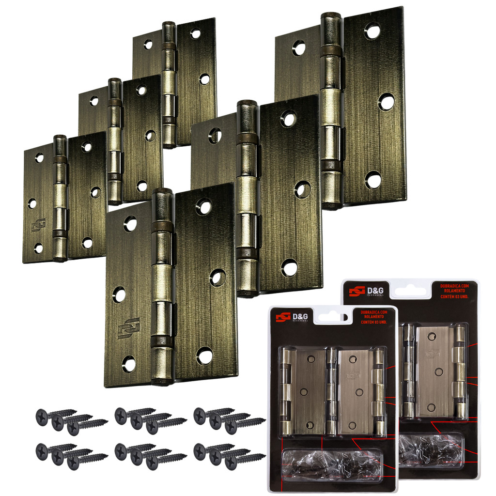Kit Com 6 Dobradiças Porta Antique Com Rolamentos 3x2,5 36 Parafusos Inclusos