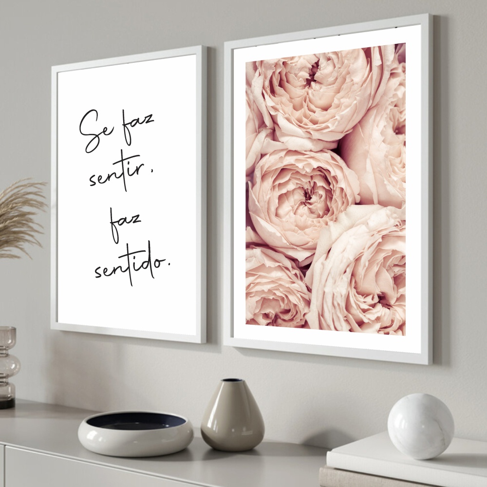 Kit 2 Quadros Decorativos com Moldura Sala Quarto Duo Floral com Frase Se Faz Sentir Rosas Romântico