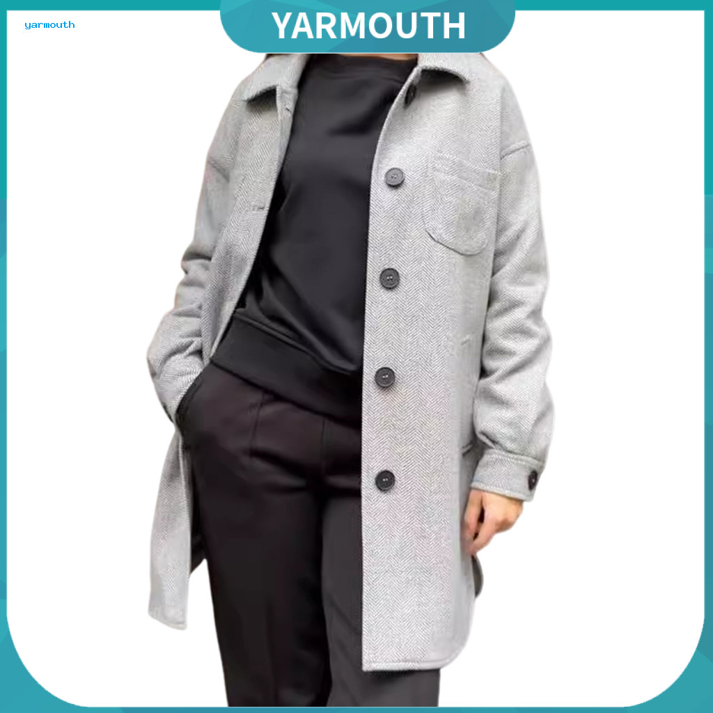 Women Wool Blend Jacket Long-sleeve Winter Women’s Coat with Turn-down Collar Chest Side Pockets Loose Fit Cardigan St