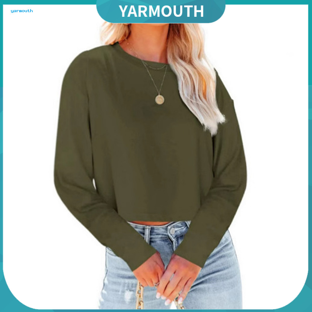 Cropped Tops Women Cotton Blend Top Women’s Round Neck Long Sleeve – Loose Fit Solid Color Pullover Wear Blouse for