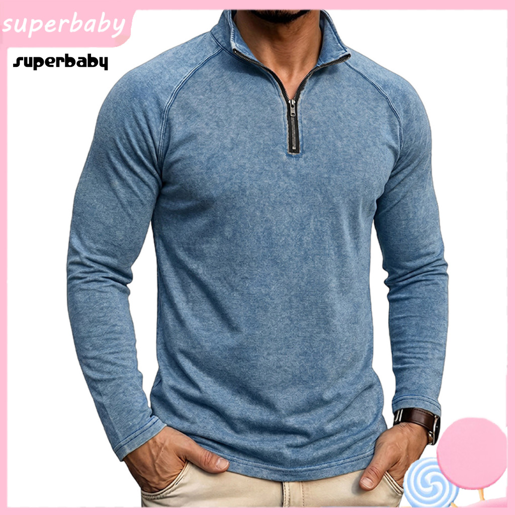 Slim Fit Golf Apparel Stylish Stand Collar Shirts Men's Quarter Zip Pullover Shirt Soft Cotton Blend Long Raglan Sleeve