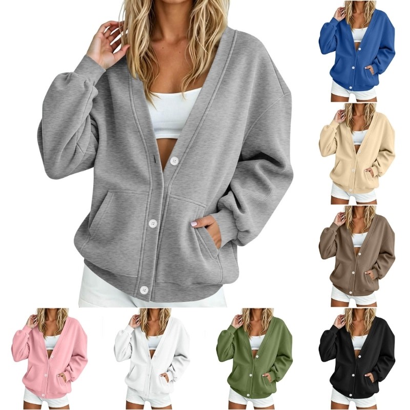 Womens Long Button Front Cardigan Sweatshirt Soft Stretch Polyester Blend Solid Color Loose Fit Casual Outerwear