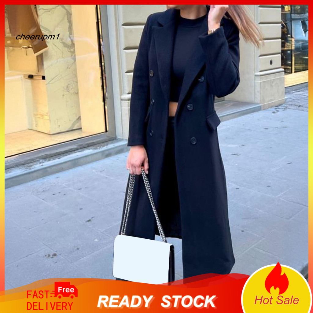 Women Polyester Coat Solid Color Long Jacket for Women’s Wool Blend Double-breasted Trench Notch Lapel Peacoat Warm Fa
