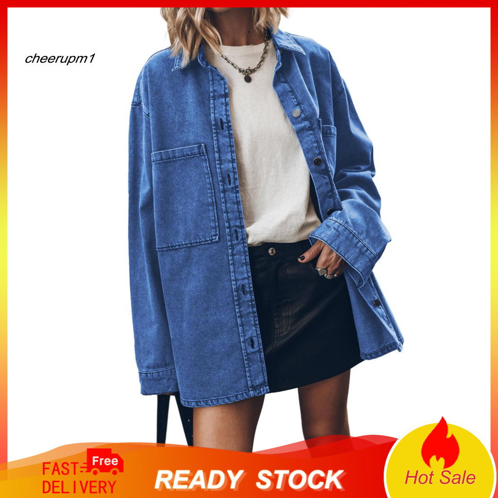 Women Cotton Blend Jacket Loose Fit Denim Shirt Women’s Oversized Long Sleeve Button-down Jean Shacket for Spring Fall