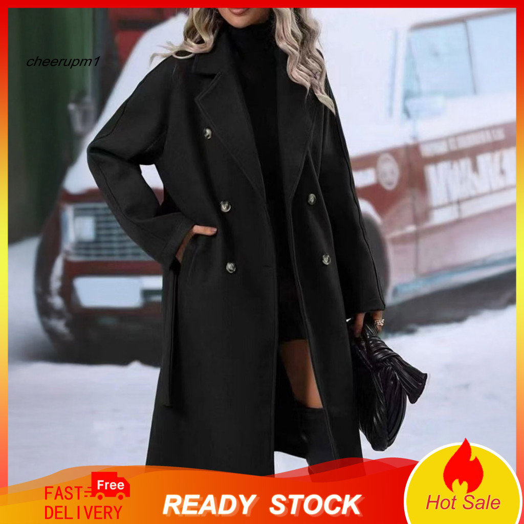 Women Windbreaker Coat Jacket Women’s Mid-length Wool Blend Double Breasted Trench with Belt Notched Lapel Long Sleeve