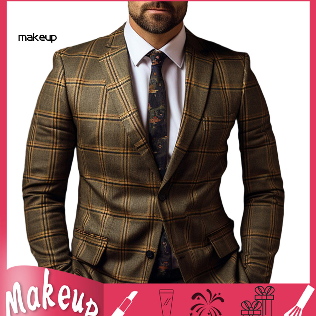Men Slim Fit Suit Jacket Office Attire Coat Men's Plaid Formal Business Blazer Single Button Closure Long Sleeve Mid-len