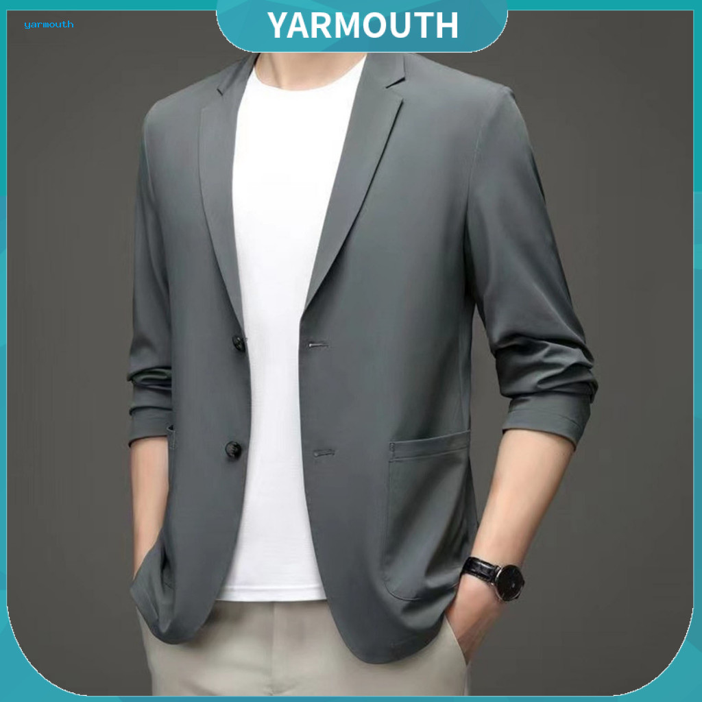 Summer Suit Coat Solid Color Blazer Men's Formal Business Jacket Lightweight Anti-wrinkle Double Button with Lapel Colla