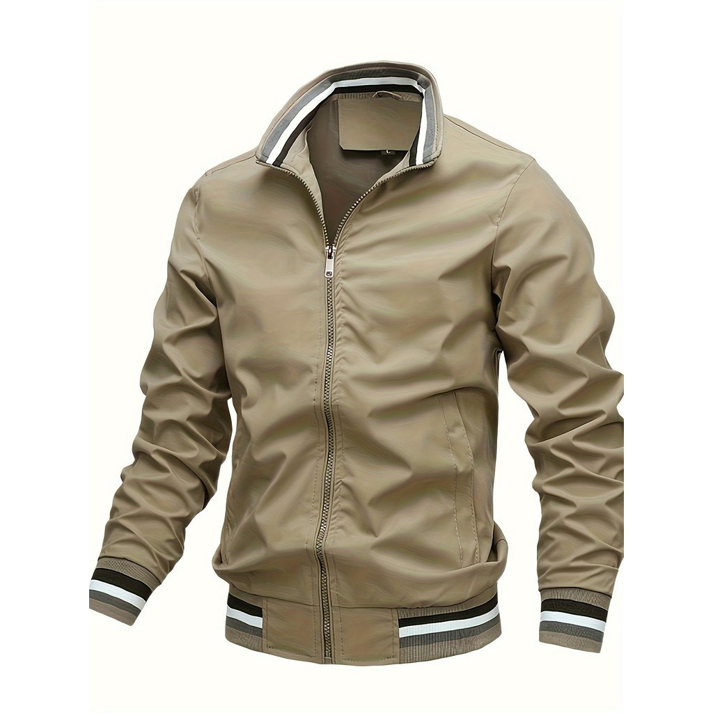 Jaqueta Formal Casual Masculina Com Gola Alta – Bomber Leve De Cor Sólida 100 % Poliéster Cardigã Zíper