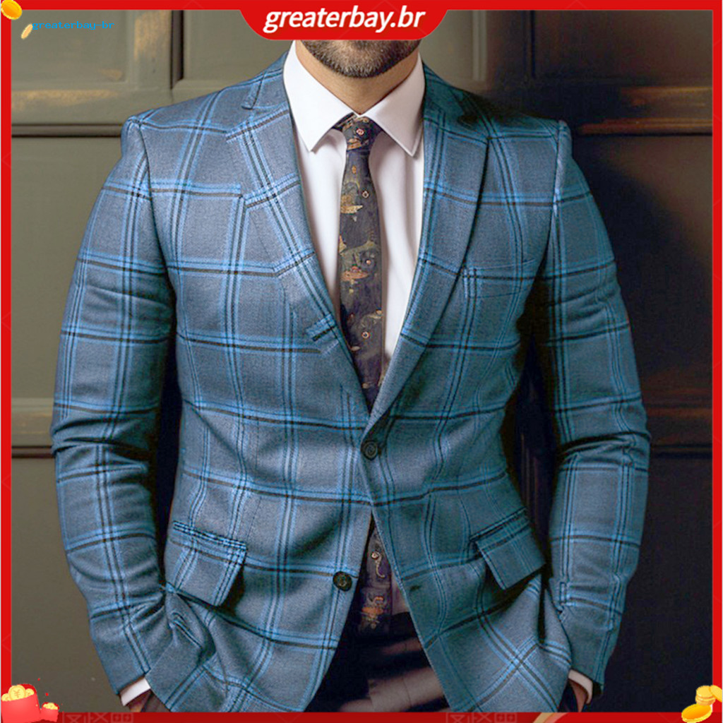 Men's Slim Fit Plaid Suit Coat Formal Business Blazer Single Button Closure Long Sleeve Mid-length Office Jacket Stylish
