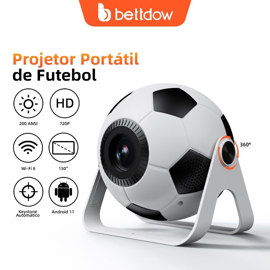BETTDOW Mini Sepak Bola Proyektor 720P Android 11.0 com Correção Automática de Keystone para Múltiplos Dispositivos