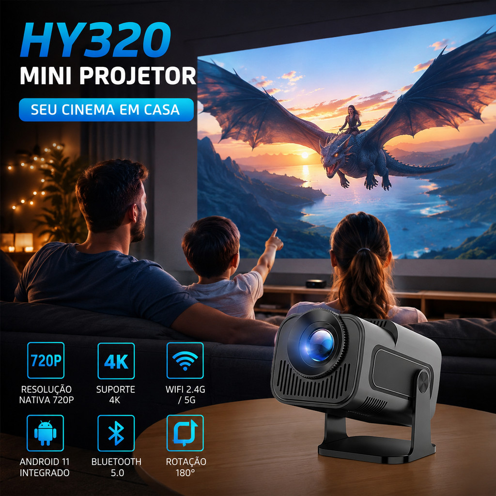 Mini Projetor HY320 720P 4K Android 11 WiFi 5G Bluetooth 180° Cinema em Casa