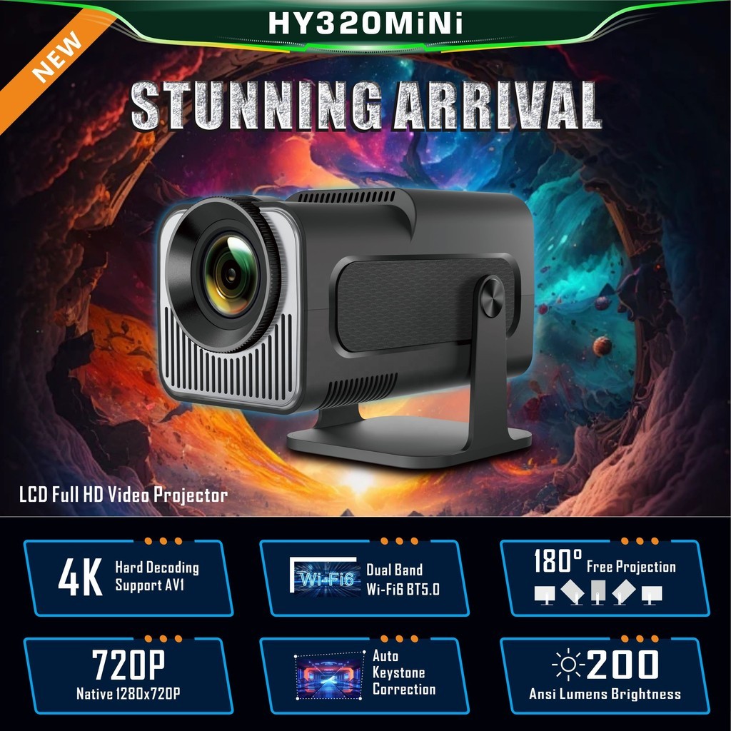 Mini Projetor Portátil HY320 Android 12 WiFi 5G Bluetooth 4K 720P Nativo Giro 180° XIMING