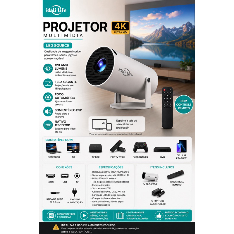 Mini Projetor Multimídia Idali Life Led 4K (Suporte) 720P Nativo | Foco Automático