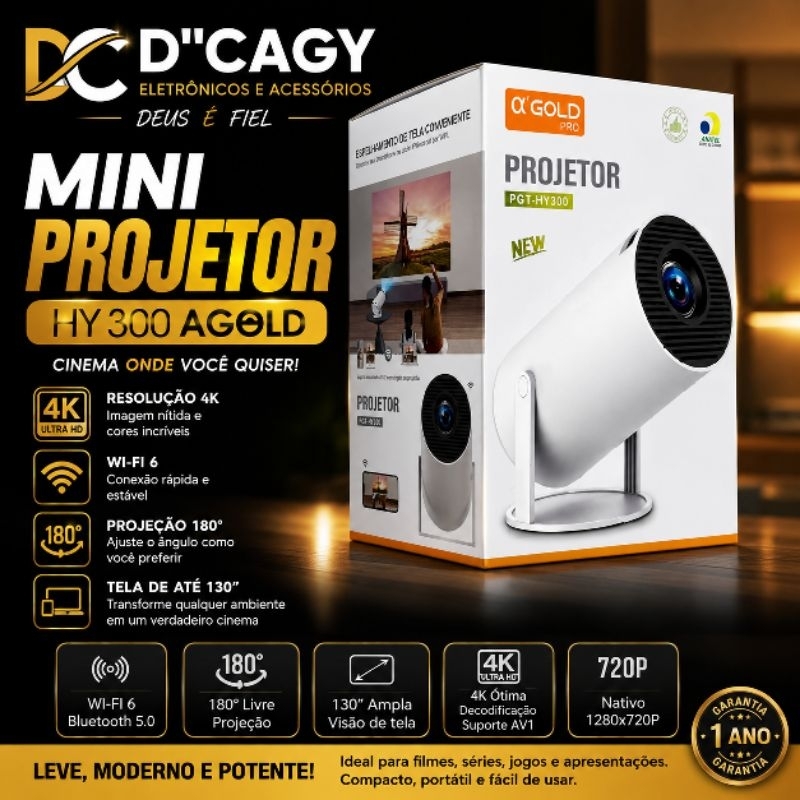MINI PROJETOR PORTATIL 4K WIFI BT PGT-HY300 A´GOLD