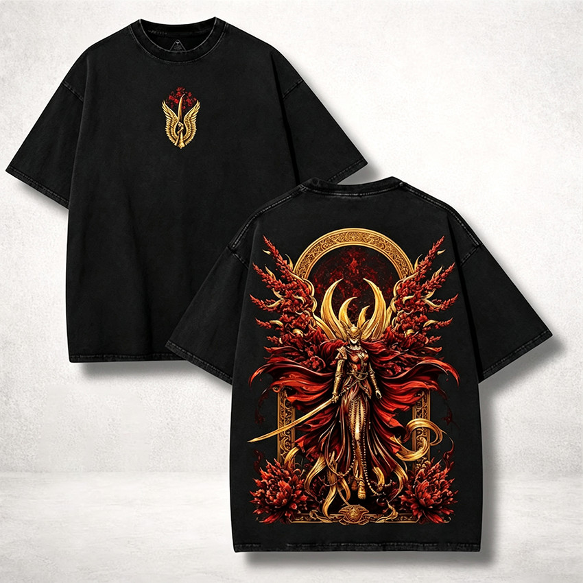 Camiseta Masculina Feminina Oversized Estampa Malenia Elden Ring Guerreira Vermelho Dourado Frente e Costas T-shirt