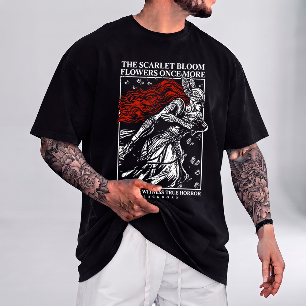 Camiseta Elden Ring Malenia The Scarlet Bloom Flowers Once More Oversized Unissex 100% Algodão Envio Rápido