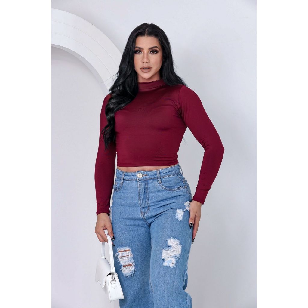 Blusa cropped segunda pele feminino gola alta manga longa poliamida de alta qualidade .
