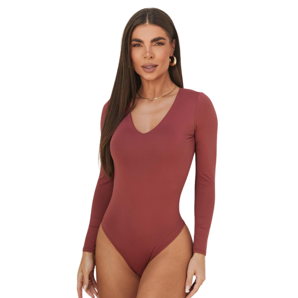 Body Jasmin Feminino Manga Longa Decote V Poliamida UV50 Toque Gelado Zero Transparência | Livny