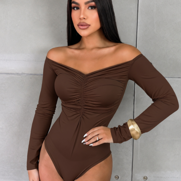 Body Feminino Manga Longa Ombro a Ombro Franzido Frontal Poliamida Tamanho Único