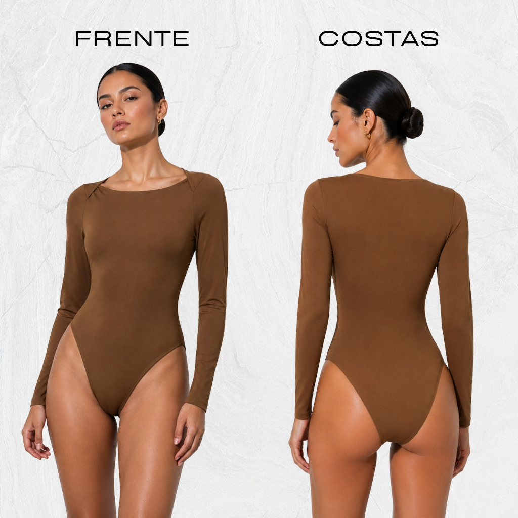 Body Manga Longa Poliamida Premium Confortavel Estica Forrado Suplex Decote Fechado Transpassado Casual Chique