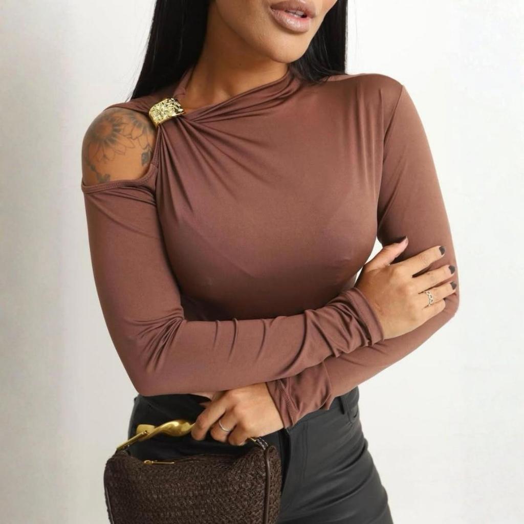 Blusa Feminina Manga Longa Recortes no Ombro - Suplex Poliamida Com Fivela Luxo