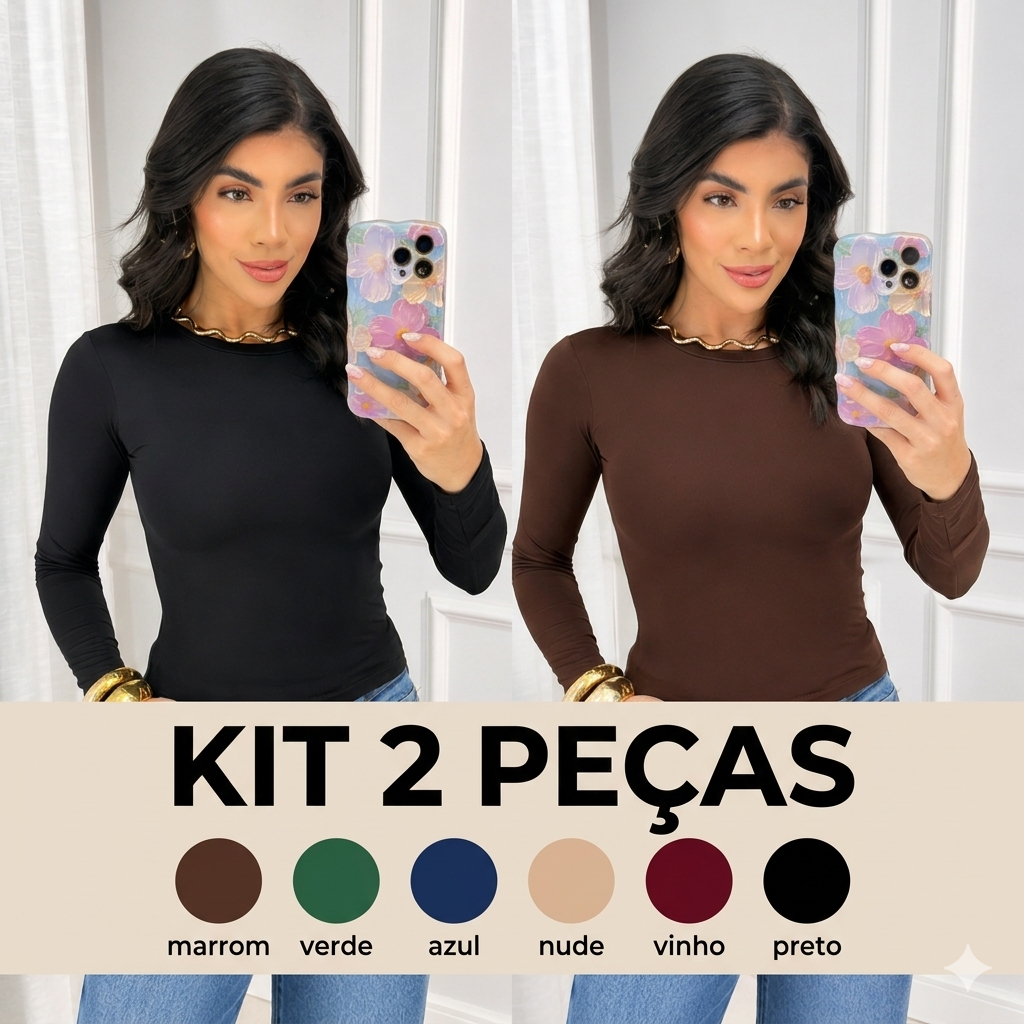 Kit 2 Blusas Femininas Manga Longa Suplex Poliamida Baby Tee Gola Redonda Segunda Pele Proteção UV Compressão Academia C