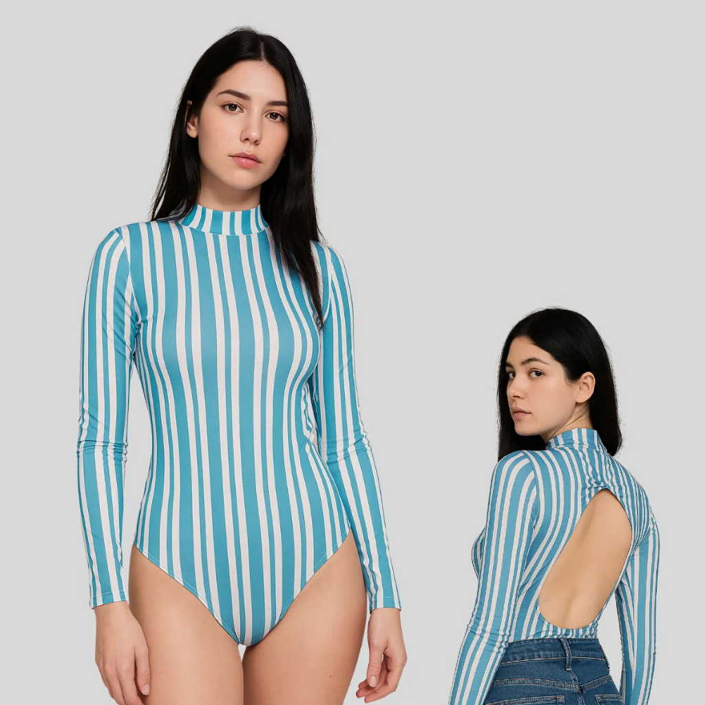 Body Dedeira Poliamida Premium | Manga Longa com Furo no Dedo | Costas Abertas Gola AZUL P,M,G,GG