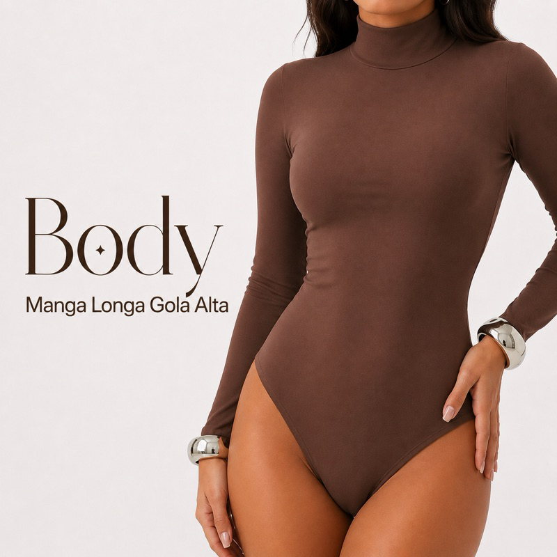 Body Feminino Manga Longa Gola Alta Segunda Pele Poliamida Suplex Não Fica Transparente Premium