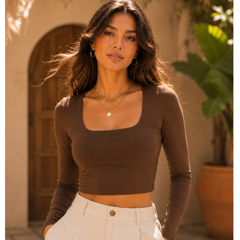 Cropped Manga Longa Feminino Poliamida Liso Casual Marrom