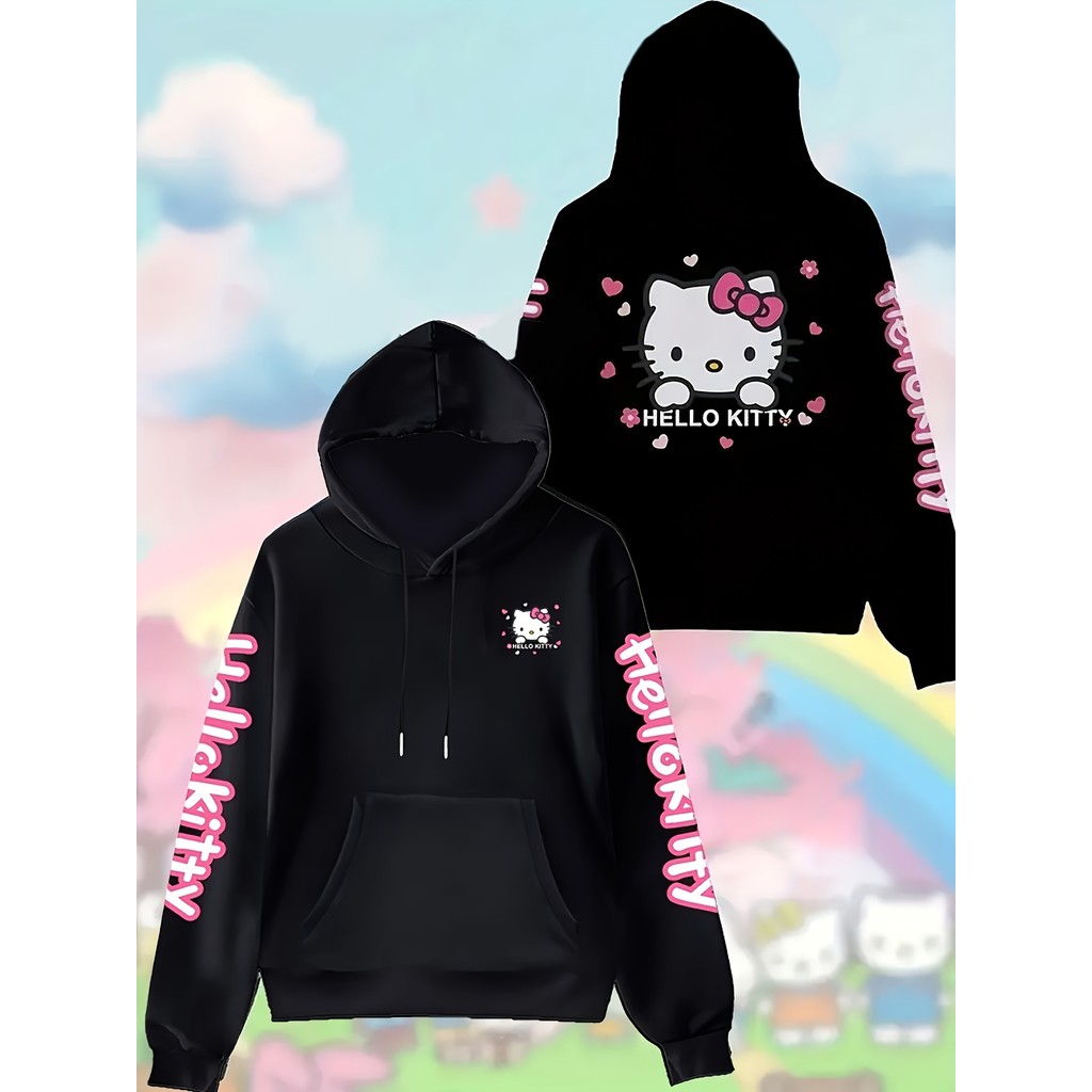Moletom Feminino Flanelado Com Capuz Estampa Hello Kitty Corações  Casual Fofinho Blusa De Frio