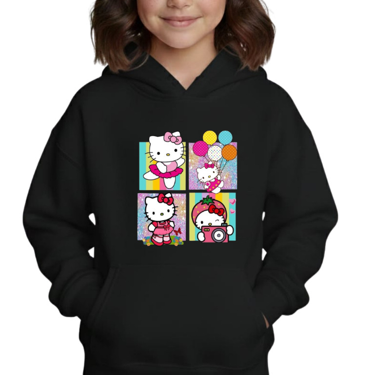 Blusa Moletom Infantil Menina Estampa Hello Kitty  Capuz bolso canguru casaco Inverno 4 ao 14