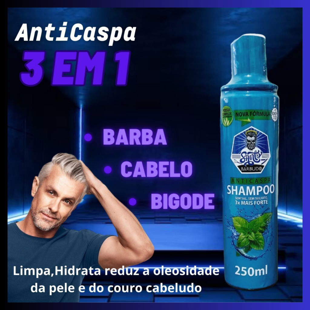 Shampoo Anticaspa 3x Mais Forte – 250ml Santo Barbudo 3 em 1 - Barba Cabelo e Bigode
