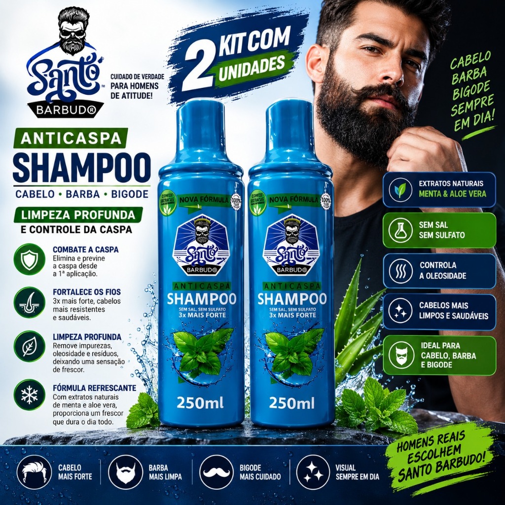Shampoo Anticaspa Santo Barbudo 250ml Cabelo Barba Bigode Sem Sal Sem Sulfato Limpeza Profunda