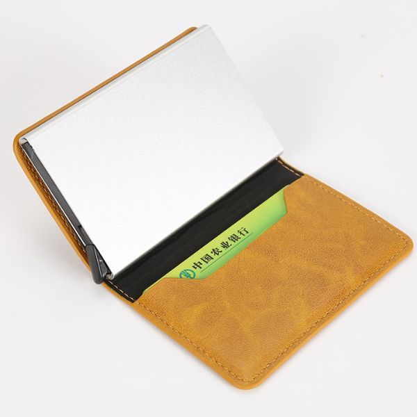 Rfid Mini Slim AlumíNio Auto POP Up Presente De AniversáRio Carteira Para Homens Porta CartãO De Couro PU
