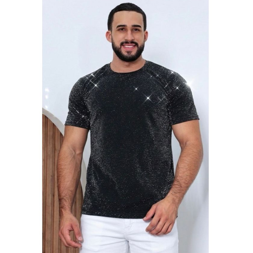 Camiseta Masculina Exclusiva Crepe Lurex Brilho-Não Amassa Estilo Artista Balada Carnaval Festa Casamento Tendência 2026