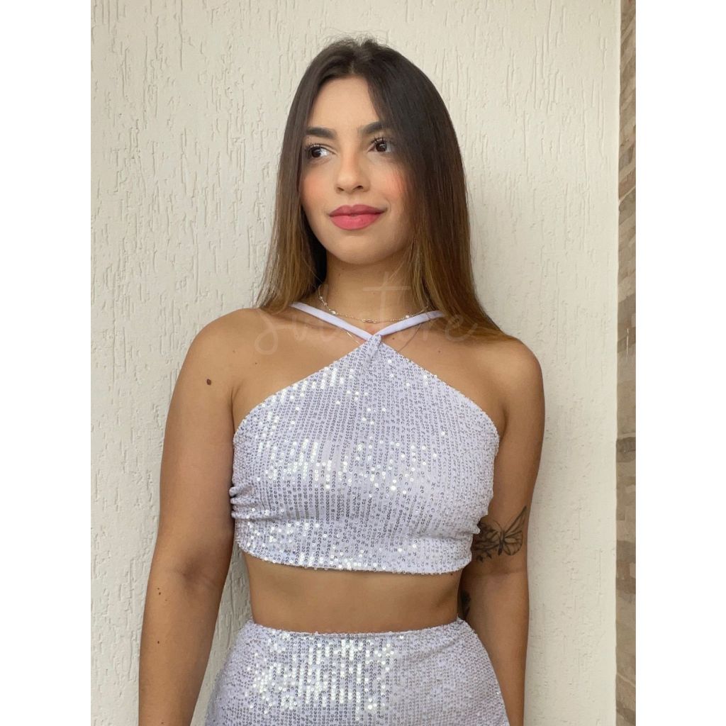 Cropped Paetê Charlotte Frente Única Versátil com Forro Brilho Festa Balada Carnaval Tendência 2025