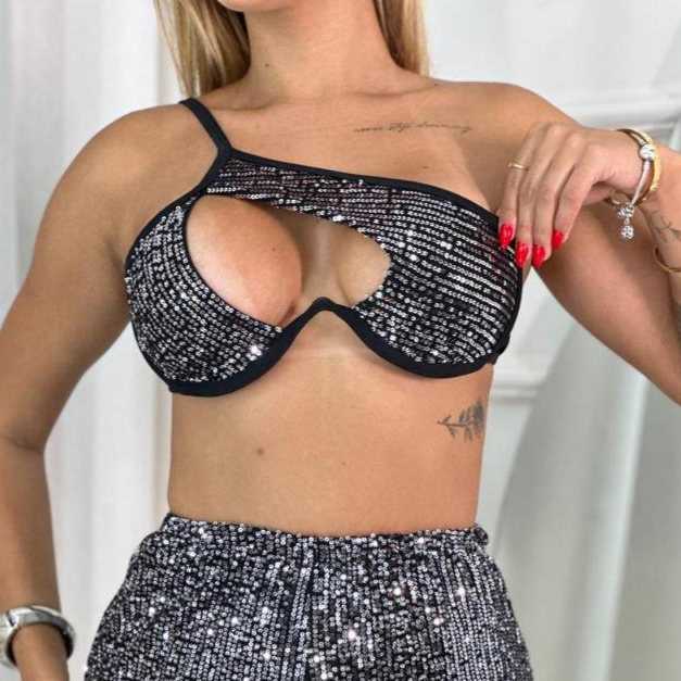 Top Aro V Paete Brilho Decote Cruzado Sustentável Frente Unica Amarração Tendencia Moda Blogueira Carnaval Festa Balada