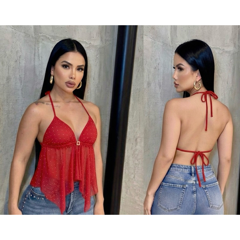 Top Cropped Malibu Cortininha Tule Pedraria Frente Única - Tendência Gringa Festa Balada Carnaval