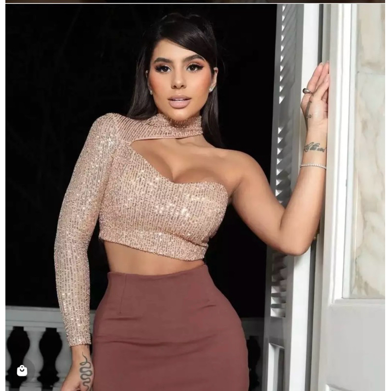 Cropped Paetê Mula Manca Um Ombro Só Com Bojo moda Carnaval Brilho Festa Balada Tendência 2026