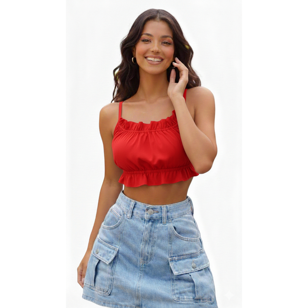 Cropped Blusa Feminino Babado Alcinha Delicado Verão Modinha Tendência Fashion Baladas Praia Festas Básica Carnaval Top
