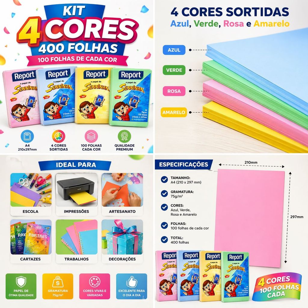 Kit Papel Sulfite Colorido A4 4 Cores Sortidas 100 Folhas Cada Ideal Escola Escritório