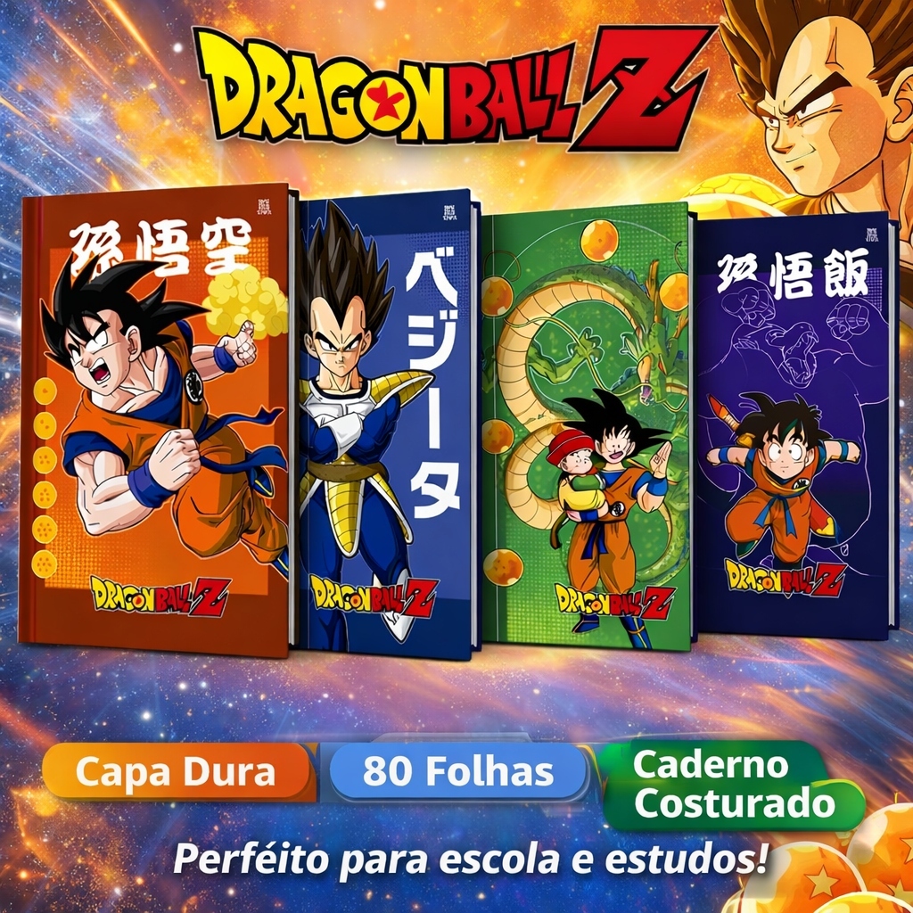 Kit 4 Cadernos Costurado Dragon Ball Z Capa Dura 80 Folhas Sortido Meninos anime, para escola. Dragon Ball goku vedita