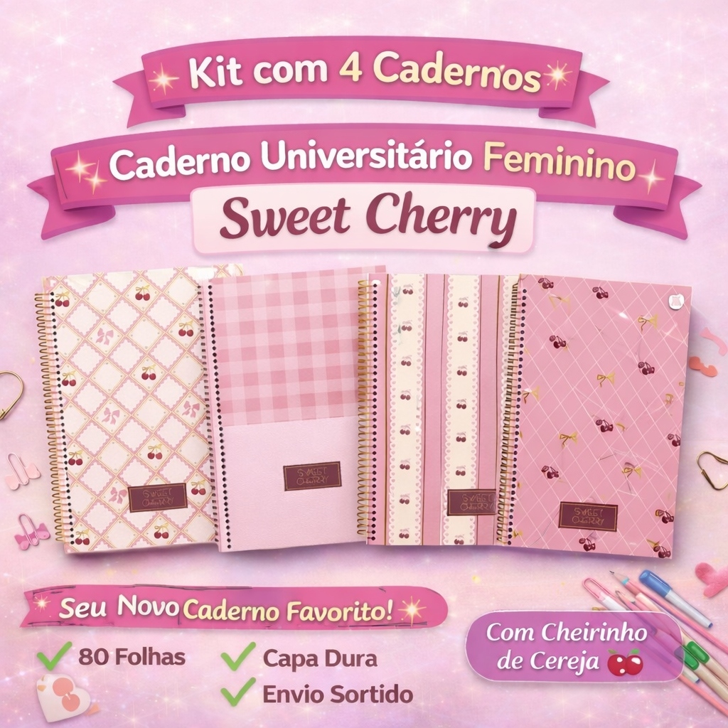 kit com 04 Cadernos Universitário Sweet Cherry Estampa cereja Capa Dura 80 Folhas Espiral Feminino Sortido