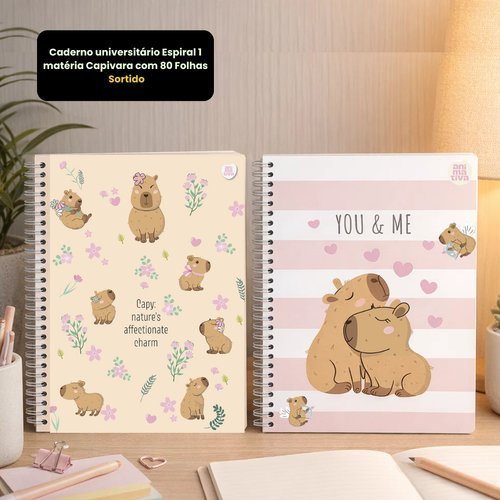 Caderno Universitario Espiral 1 Materia 80 Folhas Papel Resistente Design Capivara Sortido
