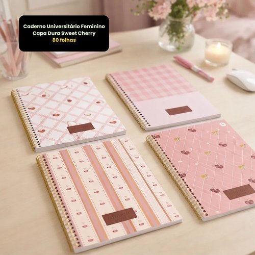 Caderno Universitario Feminino Capa Dura Capacidade 80 Folhas Design Sweet Cherry Sortido