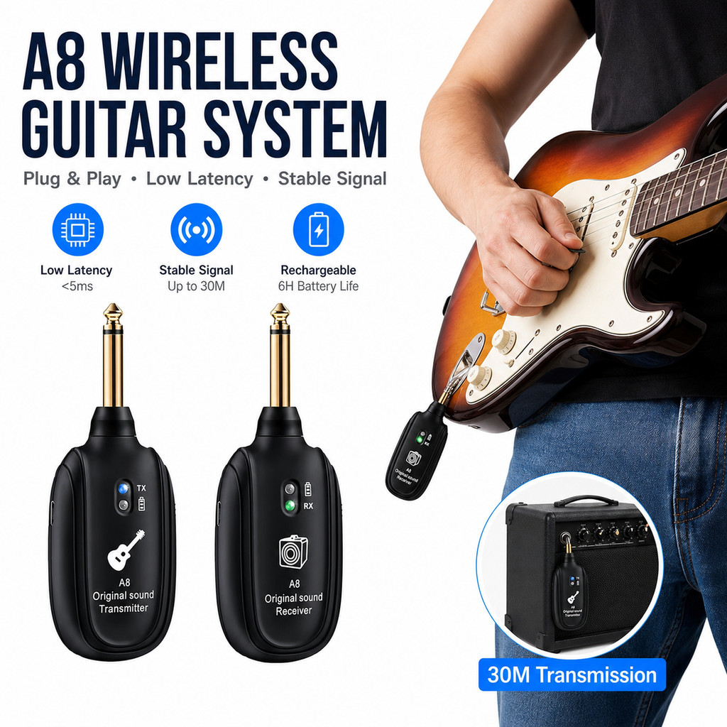 A8 Wireless Guitar System Transmitter Receiver Stage Performance Band Rehearsal Practice Home Studio Live Show Portable